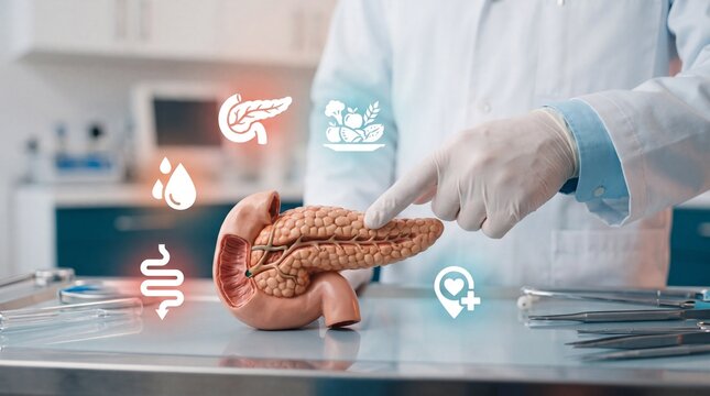 Doctor pointing at a model of the human pancreas in a professional medical clinic setting
