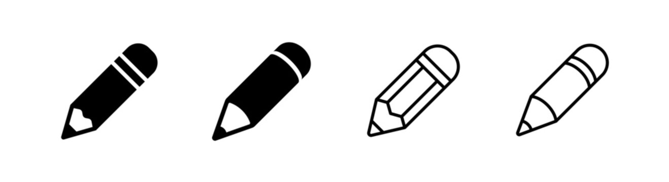 Pencil icon, set of 4 style, outlined editable stroke and flat glyph
