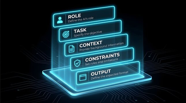 Artificial Intelligence prompt engineering concept with glowing neon interface layers on a digital circuit board background