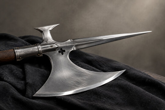 Medieval polearm with polished steel blade on dark cloth, historical weapon and craftsmanship concept