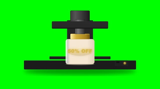 Premium hydraulic press machine mechanically compresses cosmetic bottle, then reveals hidden 50% OFF promotional text after pressure release. Elegant 4K animation with seamless loop, perfect for myste