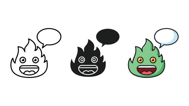 Three happy green flame vector characters with speech bubble designs