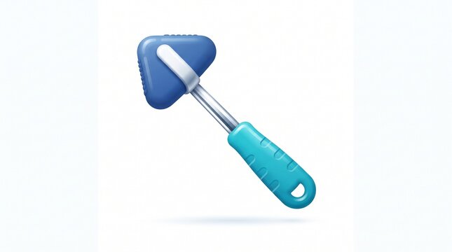 Medical reflex hammer with blue triangular rubber head and light blue handle, neurological examination tool isolated on white background.