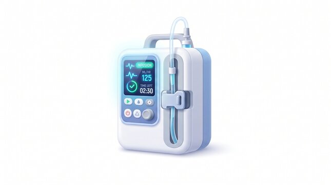 Medical infusion pump with digital display showing flow rate 125 ml per hour, IV tube and control buttons, isolated on white background.