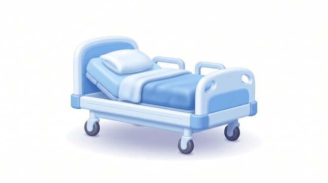 *Cartoon hospital bed. Light blue adjustable bed with white pillow, blanket, side rails and wheels, isolated on white background.*