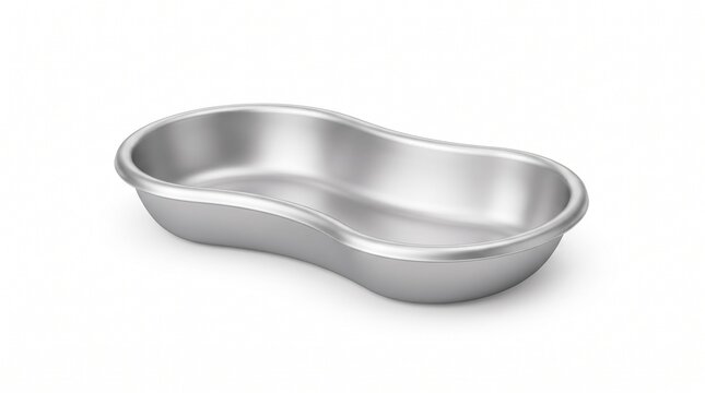 *Stainless steel kidney tray. Empty silver medical kidney-shaped basin, shiny metallic surface, isolated on white background.*