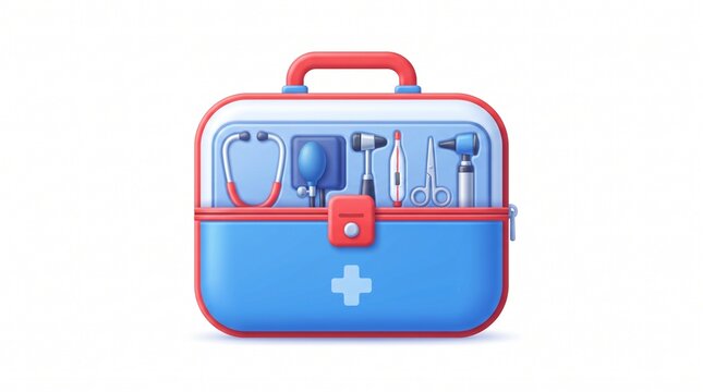 *Cartoon doctor kit. Blue medical bag with red handle, open showing stethoscope, BP cuff, hammer, thermometer, scissors, otoscope, on white background.*