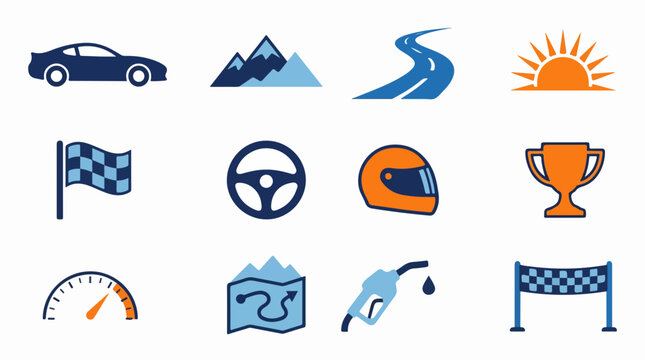 Colorful flat icons representing travel and sports themes.
