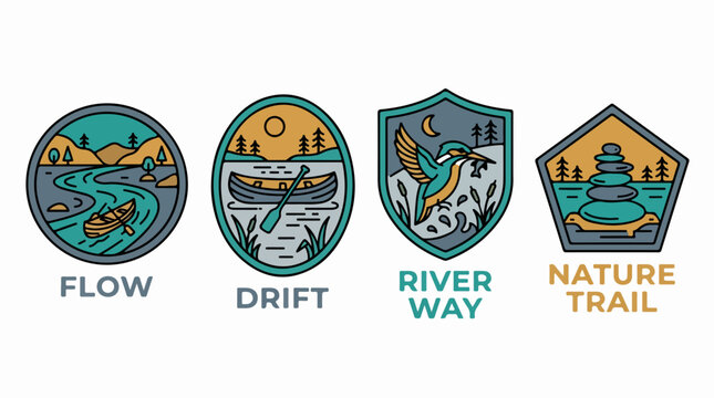 Colorful Illustrated Outdoor Adventure Badges Collection.