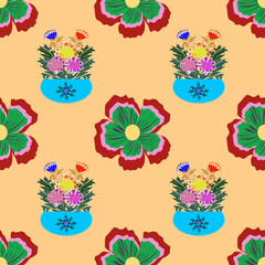 Fototapeta premium A luxury seamless orange floral pattern featuring an elegant vintage flower bouquet vase and traditional bohemian mandala blossom vector decorations.