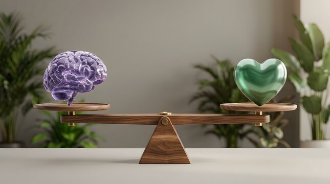 Balanced wooden scale with 3D brain and heart icons, symbolizing the harmony between logic and emotion, rational thinking and intuition in a minimalist setting.