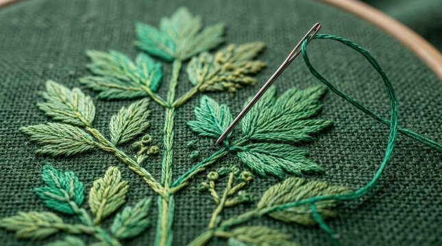 Embroidery needle stitching green leaves on dark fabric detail demonstrating precise handcrafted artisan floral needlework technique.