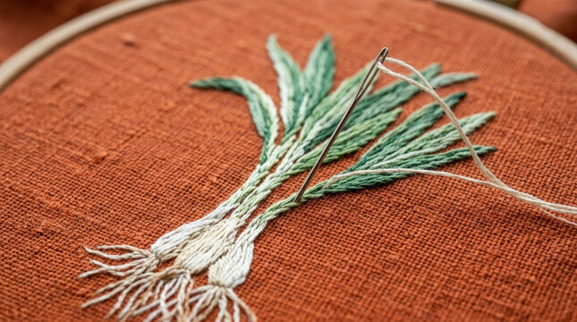Embroidery needlework of green onion plants with roots on orange fabric texture craft hobby textile art decorative projects.