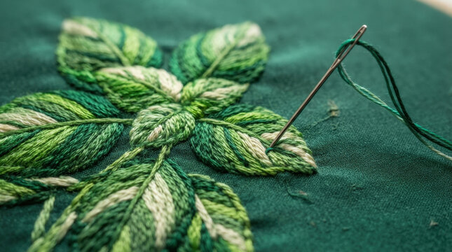Exquisite green botanical leaf embroidery pattern on deep green fabric for professional textile art and sewing hobby projects.