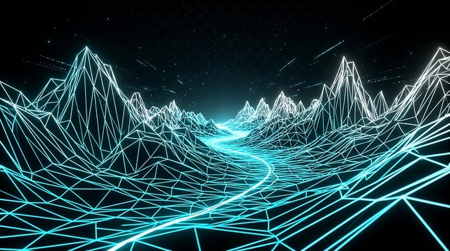 Digital blue wireframe mountain landscape with glowing river