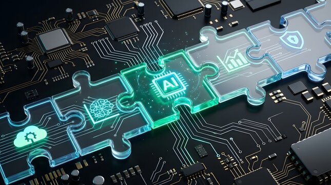 Artificial intelligence integration concept with glowing jigsaw puzzle pieces on a complex electronic circuit board symbolizing digital security and data processing solutions.