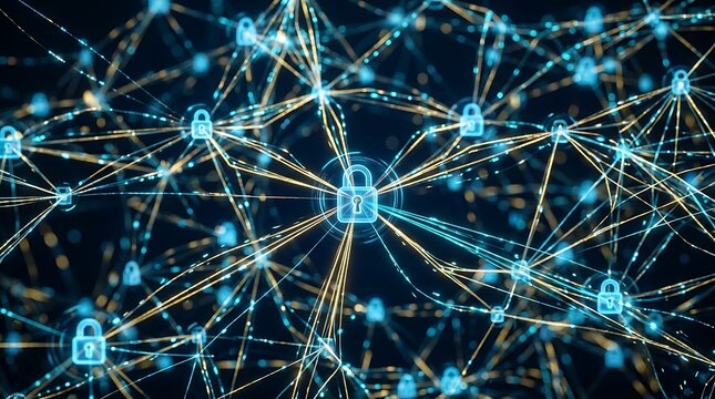 Digital network with glowing blue and gold lock icons