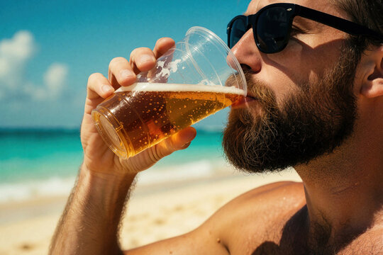 Man with beard drinks lager from plastic cup on sunny beach with blue ocean waves. He wears sunglasses, enjoying cold beverage, vacation relaxation, summer fun, party lifestyle.