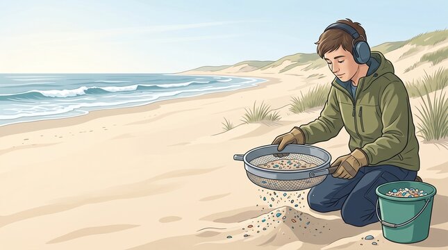 Young neurodivergent volunteer wearing noise cancelling headphones cleaning beach sand with a sieve for microplastics to support environmental cons...