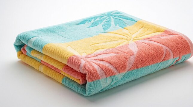 Folded beach towel with tropical leaf pattern. Colorful textile features bright pastel colors like pink, yellow, blue. Soft cotton fabric palm tree motif for summer vacation, poolside relaxation