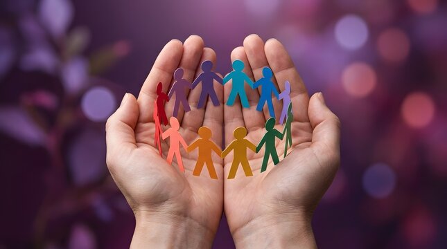 Hands cupping diverse colorful paper people in a circle against purple bokeh background, symbolizing community unity, support, and social inclusion.