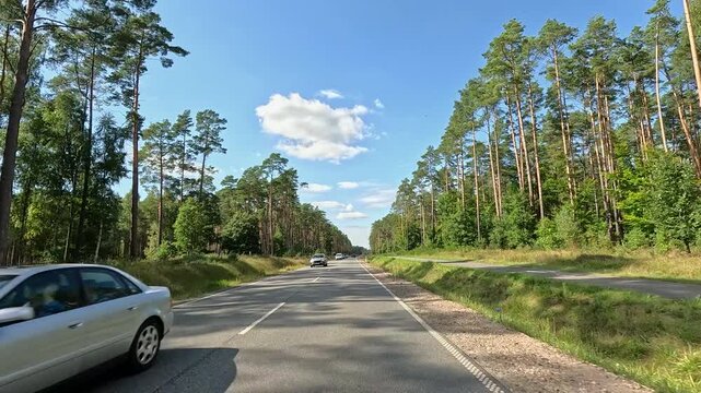 Driving green forest Poland road traffic Europe POV. Rural country road forest and farms Poland POV. Point of view driving through green trees agricultural farming villages. Forest and agriculture.