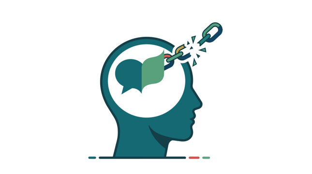 Psychological liberation and cognitive freedom profile breaking chains flat vector illustration for mental health and personal growth apps
