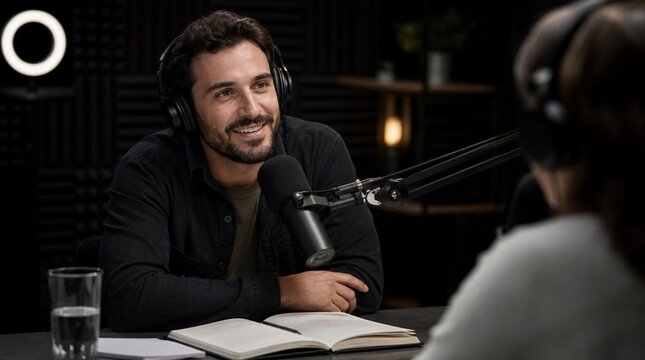 Smiling male podcast host wearing headphones in a dark studio, leaning toward a professional microphone on a boom arm while interviewing a guest during a live recording or broadcast session.