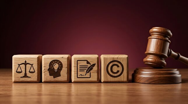 Sophisticated intellectual property law concept featuring wooden blocks with copyright, justice, and idea icons beside a judge's gavel on a wooden desk with a red background.