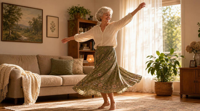 Full-length shot of a joyful senior woman with grey hair dancing and twirling in her cozy, sunlit living room; active elderly lady enjoying a carefree moment of happiness and grace at home.