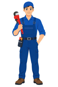 Cartoon plumber holding red pipe wrench in blue uniform illustration
