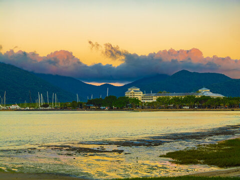 Sunset View Along Beach To Marina And Distant Hills