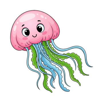 Cute pink jellyfish cartoon character isolated on white background for kids design
