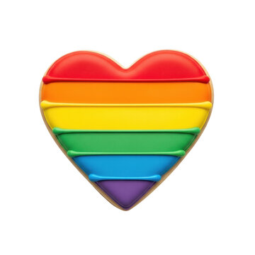 Rainbow heart shaped cookie with colorful icing isolated on white background
