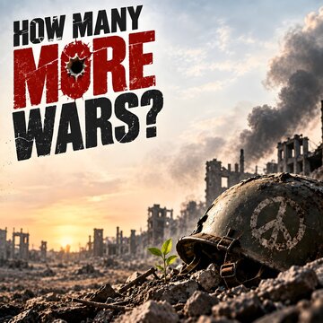 How Many More Wars? Peace Question with Military Helmet and New Growth