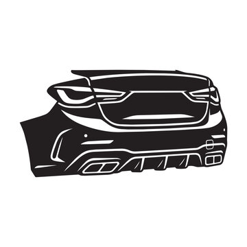 A detailed black and white outline of the entire rear section of a modern car with spoiler and lights
