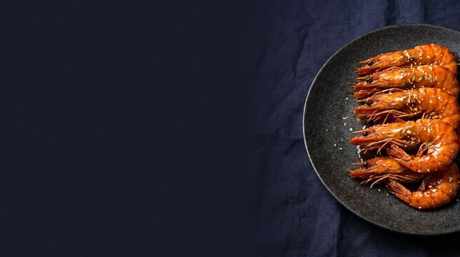 Simmered japanese tiger prawns sprinkled with gold leaf on black ceramic plate with copy space