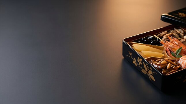Traditional japanese new year osechi ryori appetizers in black lacquer jubako with copy space