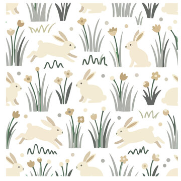 Cute rabbits and flowers seamless pattern