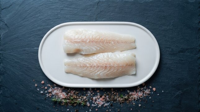 Fresh raw white fish fillets on a white ceramic plate with pink salt and peppercorns on a dark slate background