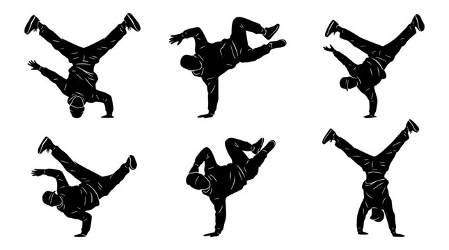 Set of black breakdance silhouettes performing dynamic street dance moves