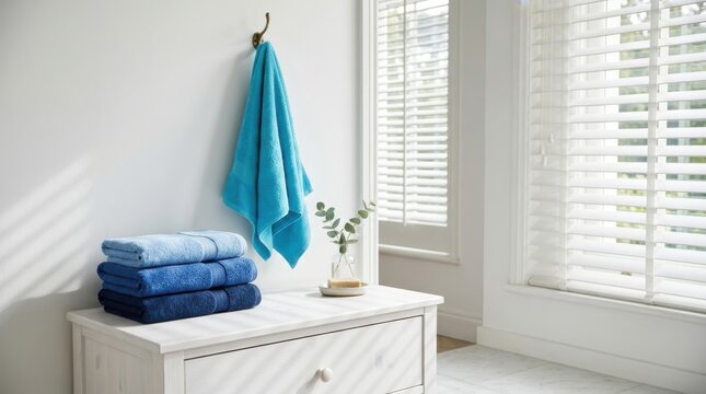 Stack of blue towels and hanging towel in a bright bathroom