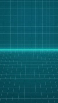 Futuristic grid background with glowing neon horizontal line moving dynamically creating abstract digital space technology and science concept for motion graphics and data visualization.