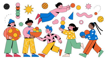 Fototapeta premium happy people playing with colorful balls and shapes