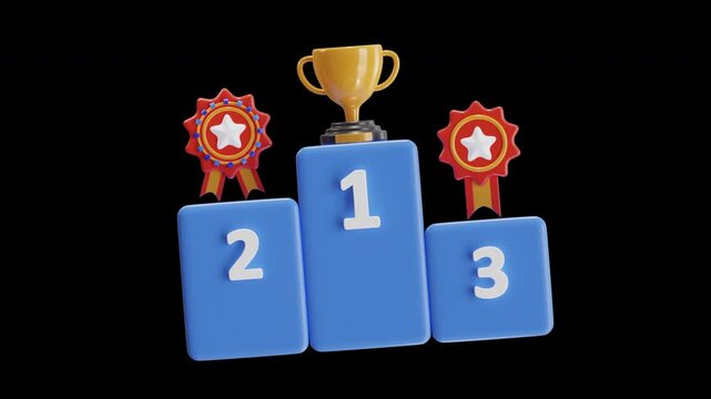 Winners gold trophy stands on top of a blue competition podium