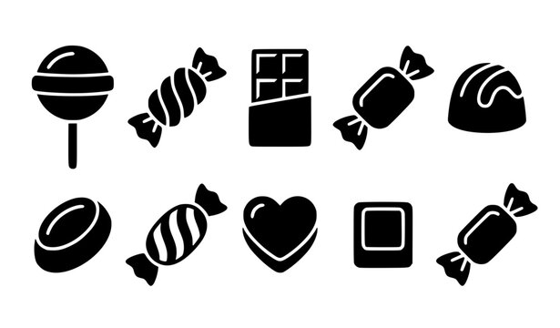 Flat candy and confectionery pictogram collection with chocolate caramel and lollipop icons