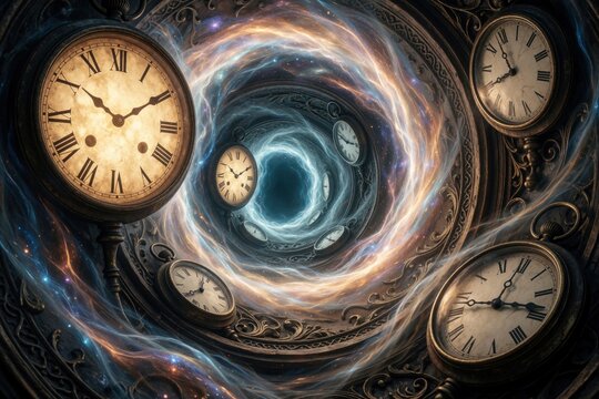 Clocks swirl within cosmic vortex representing time travel or loop. Old pocket watches and large clock faces blend with nebulae and glowing light. Concept of infinite moments or temporal distortion.