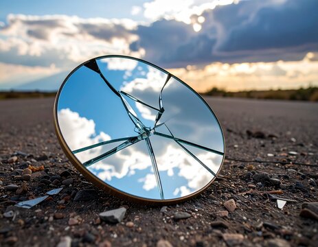 Broken mirror lying on the ground reflecting a cloudy sky in an abstract symbolic concept