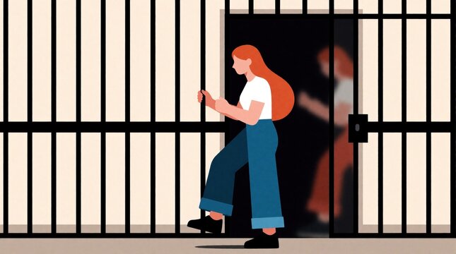 Young woman walks out of open jail cage. Freedom concept illustration shows female leaving prison cell to find new opportunity. Liberated person stpic into bright world after long confinement. Escape