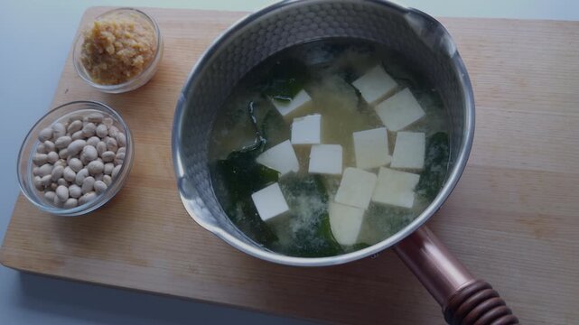 Authentic Japanese Miso Soup with Tofu and Wakame Seaweed, Vegan Healthy Asian Cooking, Zen Lifestyle 4K
